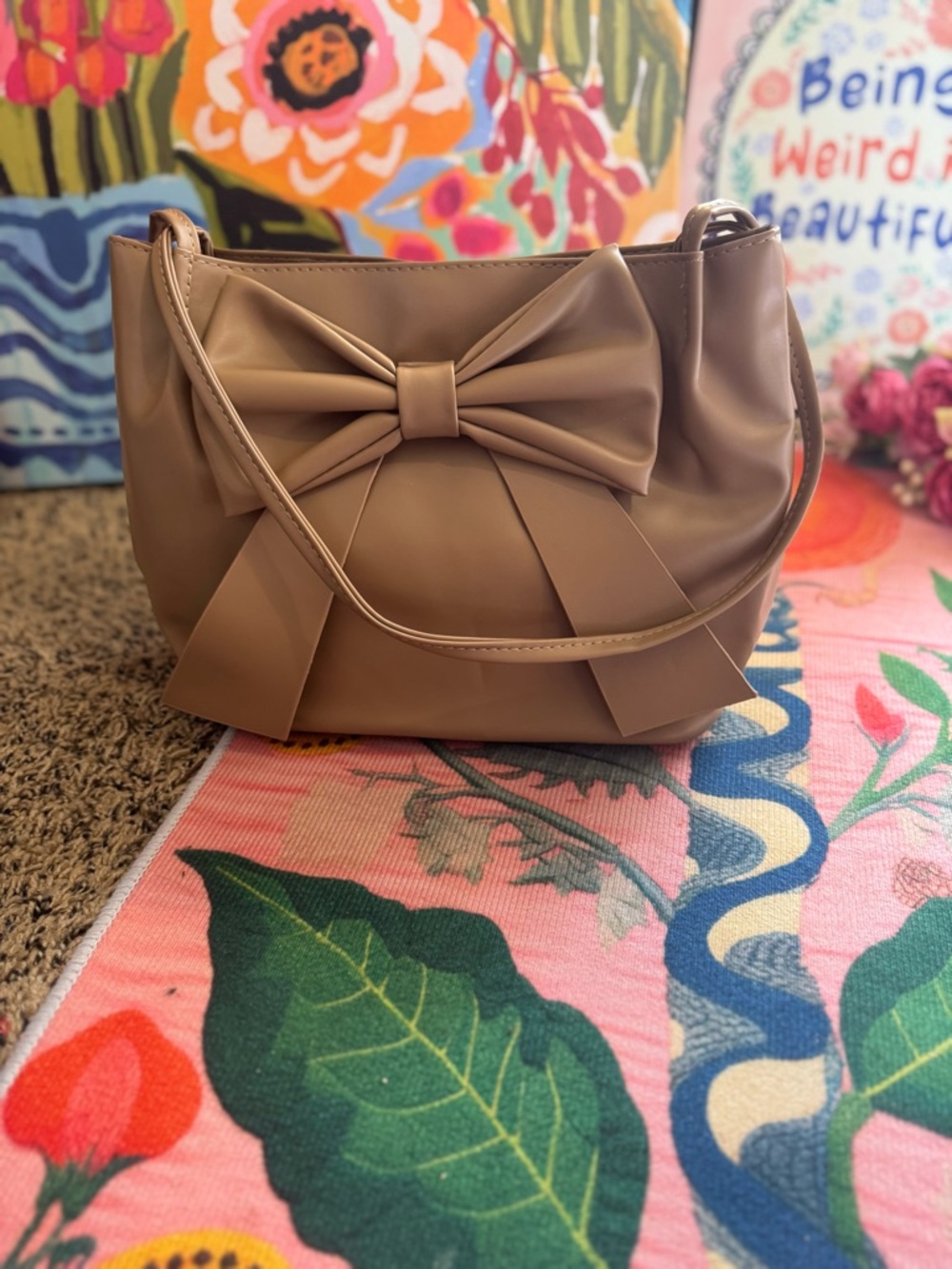Luxurious Bow Decor Handbag - Faux Tan leather